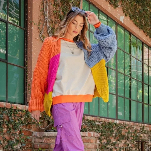 New! Easel Colorblock Chunky Knit Sweater Cardigan M - Picture 4 of 6